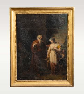 un vieux tableau représentant un homme et une femme dans un paysage