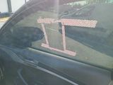 a dog sitting in the passenger seat of a car with a sticker on it ' s side window