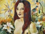 an oil painting of a woman with red hair and a bird in the background
