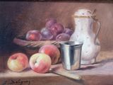 a painting of a pitcher and a bowl of fruit on a table