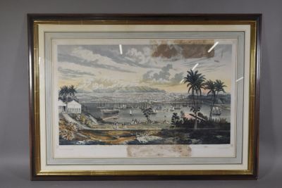 tableau représentant une vue de plage avec des palmiers et un plan d'eau