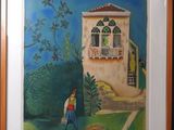 painting of a woman walking in front of a house with a dog on a leash
