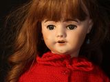 a doll that is wearing a red sweater and a red skirt