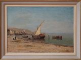 painting of a sailboat on the beach with people on the shore