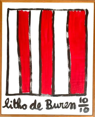 peinture représentant un drapeau rouge et blanc sur lequel figurent les mots « lubo de buen 18 »