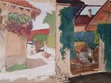 a watercolor painting of a street in a small town