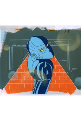 an image of a picture of a cartoon character with a brick wall in the background
