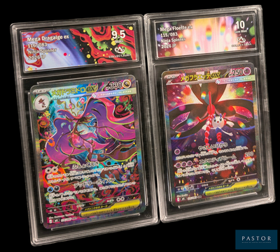 Trois types différents de cartes Pokémon sont exposés dans une vitrine.