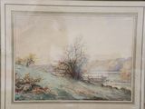 painting of a landscape with trees and a fence in a frame