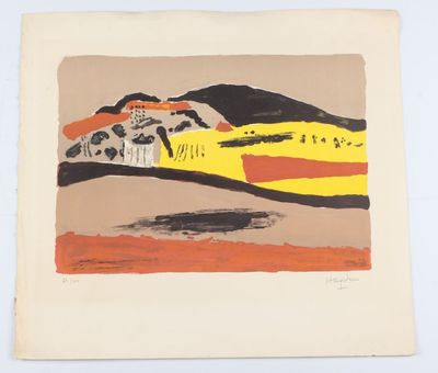 une image représentant un dessin d'une montagne avec une maison au loin
