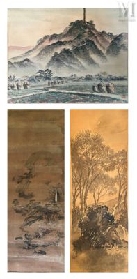 three paintings of mountains and trees are shown in three different styles