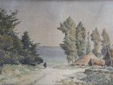une photo d'un tableau représentant un village au bord de l'eau