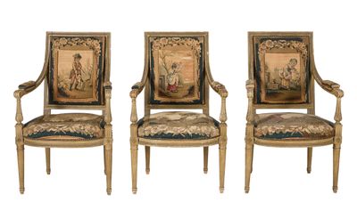 deux chaises dont le dossier est orné d'une tapisserie et d'un tableau