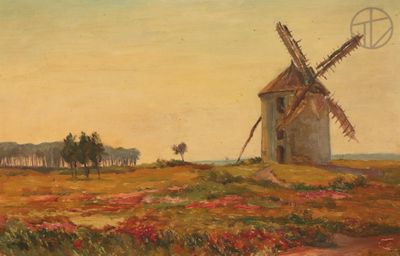 une peinture à l'huile représentant un moulin à vent dans un champ de fleurs