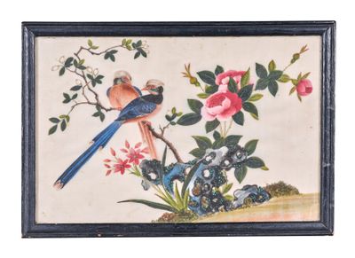 a picture of a painting of two birds on a branch