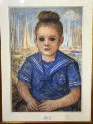 painting of a young boy in a sailor ' s uniform sitting on a boat