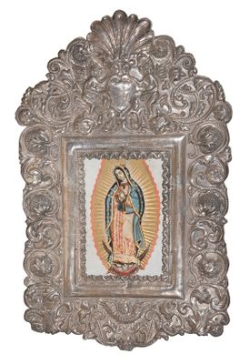 ornate silver frame with a picture of the virgin of guadalupe