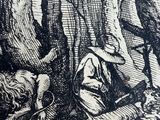 a black and white drawing of a man and a dog in the woods