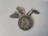 a silver coin with a leaf sticking out of it
