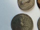 five different types of coins on a white surface