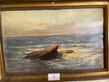 a picture of a painting of a boat in the water