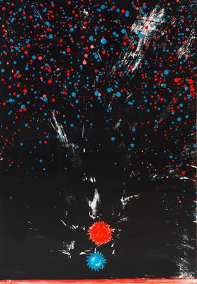 a black and red painting with blue and red dots on it