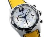 yellow strap around the wrist of a watch with a white dial