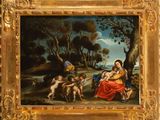a painting of a painting of a family in a wooded setting