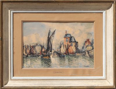an image of a painting of a harbor scene with sailboats in the water