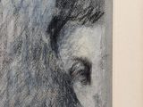drawing of a woman ' s face in a black and white frame