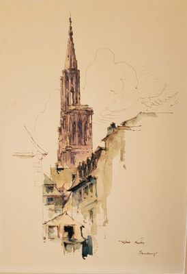 une photo d'un tableau représentant un bâtiment sur lequel figure une horloge