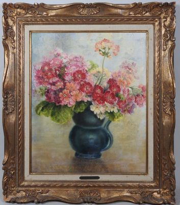 une peinture à l'huile représentant un vase avec des fleurs sur une table