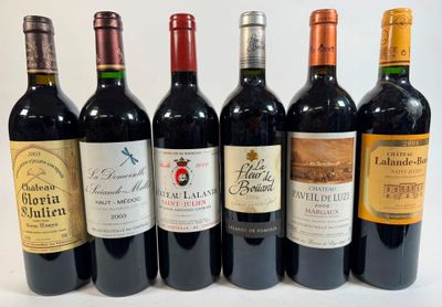 six bottles of red wine are lined up in a row