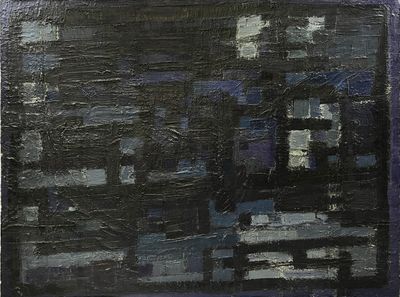 une peinture à l'huile représentant un paysage urbain aux tons noirs et bleus sur fond blanc