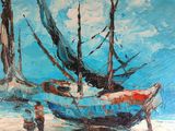 an oil painting of a boat on a beach with people walking by