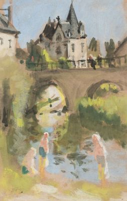 tableau représentant un couple debout au bord d'une rivière