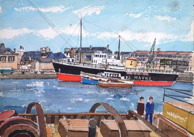 un tableau représentant un homme debout sur un quai, à côté d'un bateau
