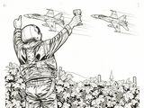drawing of a man in a space suit flying a plane over a field of grapes