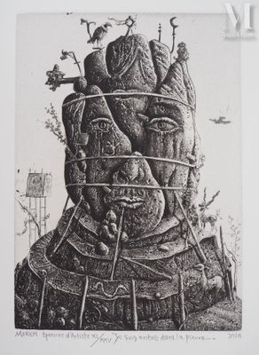 une image représentant un dessin en noir et blanc du visage d'un homme dans une cage