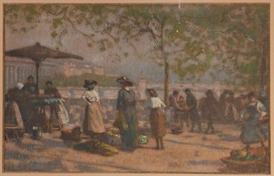 a painting of a group of people on the street