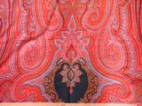 an image of a red and orange paisley print scarf with a black background