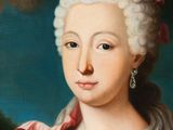 a painting of a woman in a yellow dress with a pink ribbon around her neck