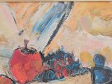 a painting of an apple and a knife on a table