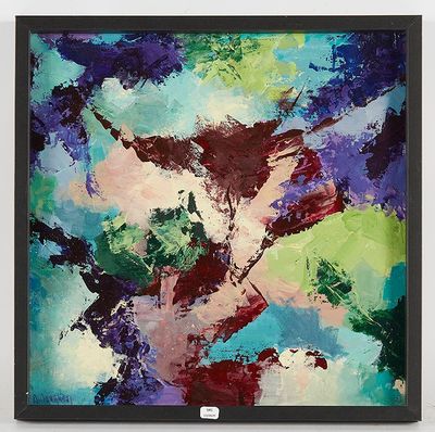 tableau représentant une peinture abstraite colorée, encadrée de noir, accrochée à un mur blanc