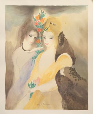an image of a painting of two women with flowers in their hair