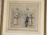 tableau représentant un homme et une femme en tenue de cérémonie, debout devant un bâtiment