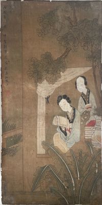 une image représentant un tableau où l'on voit deux femmes assises sur un banc