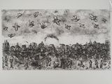 un dessin en noir et blanc représentant des oiseaux survolant une ville