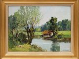 une image d'un tableau représentant une maison au bord d'une rivière