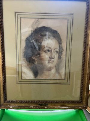 painting of a woman in a green box with a green lid